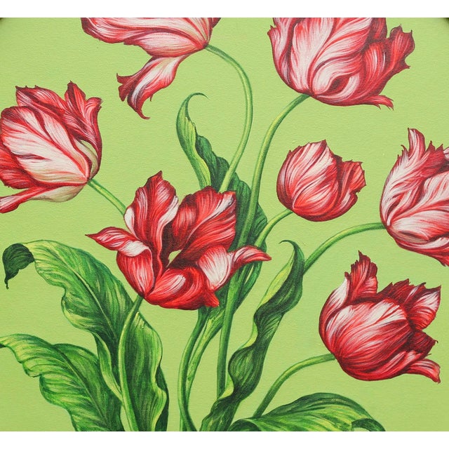 The Weight of Spring III is an original painting inspired by the elegance of Dutch still life traditions. Bold red tulips...