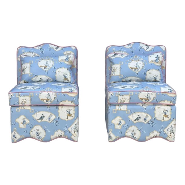 Pair Linen Scalloped Slipper Chairs in House of Scalamandre For Sale