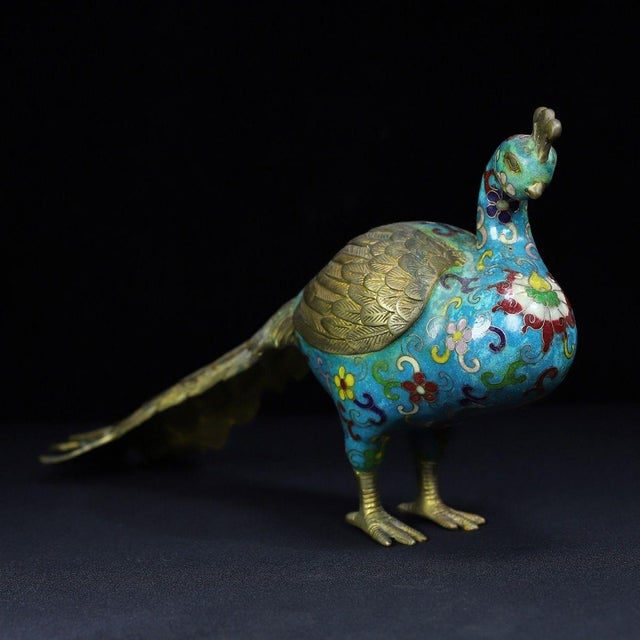 Late 19th Century Vintage Cloisonné Enamel Peacock Figurine With Brass Accents For Sale - Image 5 of 10