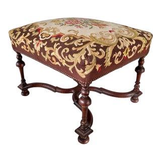 Antique William & Mary Style Carved Walnut and Upholstered Footstool or Ottoman For Sale