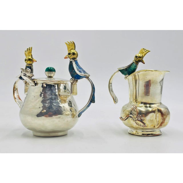 1960s 1960s Los Castillo Taxco Bird of Paradise Creamer & Sugar W Malachite Lapis - a Pair For Sale - Image 5 of 18