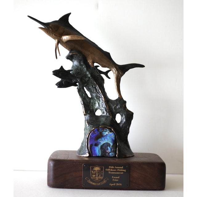 Solid Bronze Lyford Cay Club Tournament Marlin Fishing Trophy by Bodo Muche Studio With Inset Opal Gem For Sale - Image 4 of 16