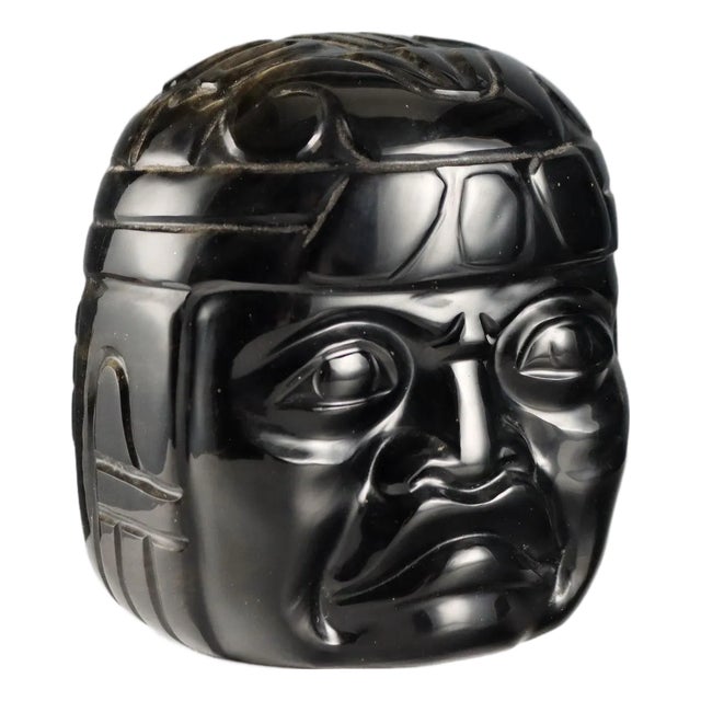 Olmec Head in Black Obsidian Stone For Sale