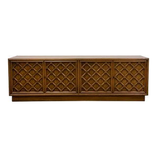 Drexel Collage MCM Low Console Lattice Door Faces Vintage Credenza Finished Back For Sale