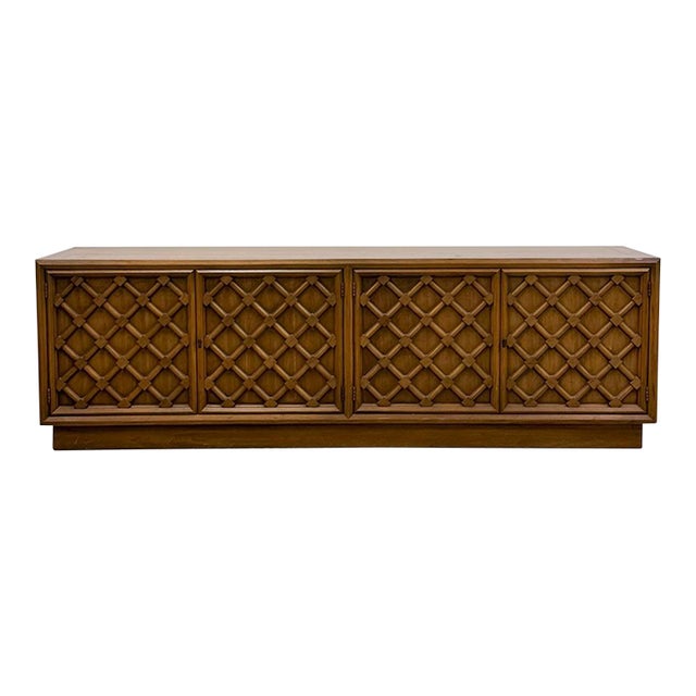 Drexel Collage MCM Low Console Lattice Door Faces Vintage Credenza Finished Back For Sale
