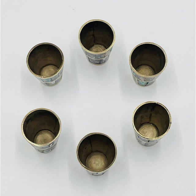 Brass Mexican Brass & Abalone Shot Glass Set With Tray, Mexico 1950s For Sale - Image 8 of 18