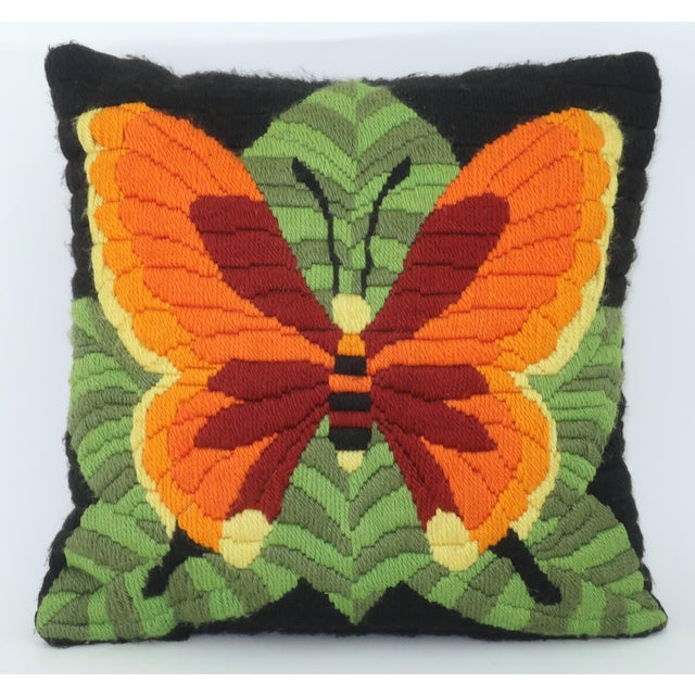 Orange Butterfly Yarn Crewel Embroidery Needlework Pillow, 1970's For Sale - Image 8 of 8