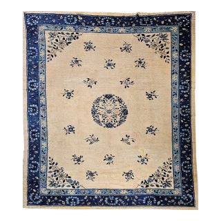 Antique Chinese Peking Rug, Hand-Knotted Wool, Floral Design, Ivory, 9' x 12' For Sale