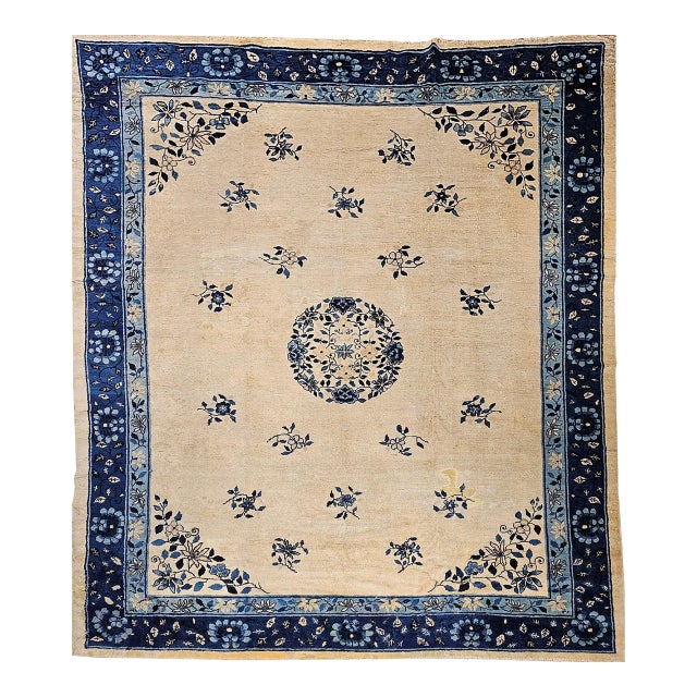 Antique Chinese Peking Rug, Hand-Knotted Wool, Floral Design, Ivory, 9' x 12' For Sale