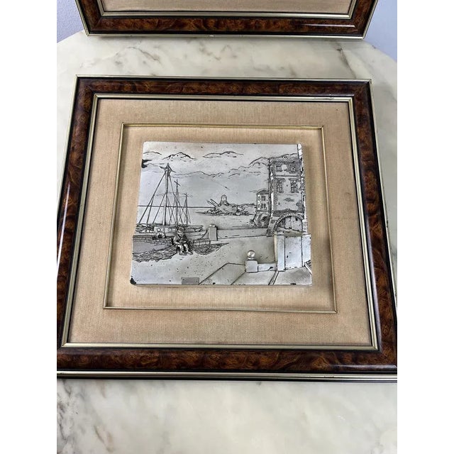 Pair of three -dimensional vintage paintings patinated silver, Italy, 70s Measures of the patinated silver panels width 30...
