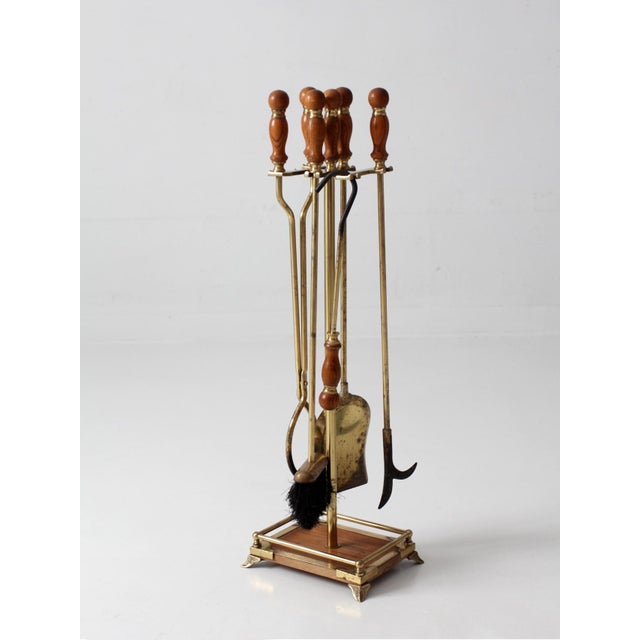 Vintage Hollywood Regency Brass Fireplace Tools Set With Wood Handles For Sale - Image 12 of 18