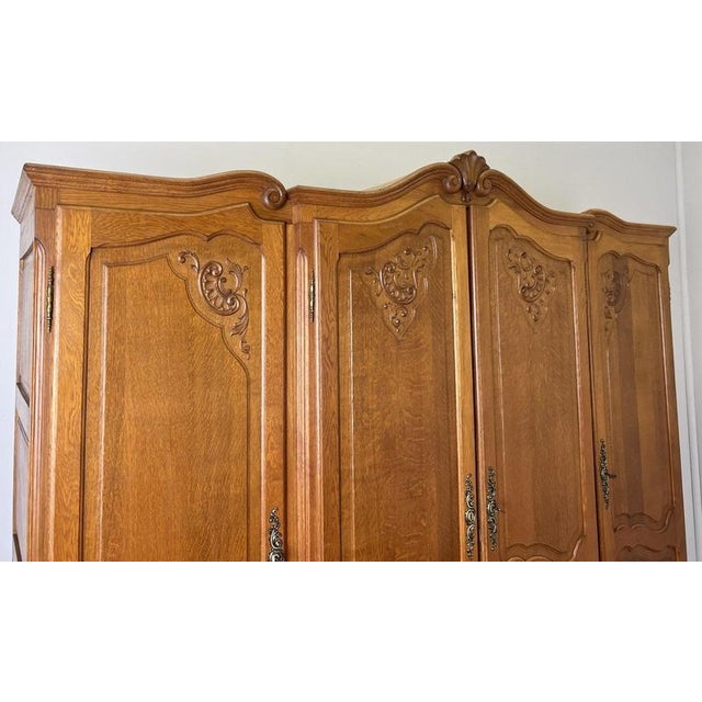 Vintage French Louis XVI Style Carved Oak 4-Door Armoire For Sale - Image 6 of 14