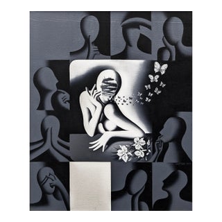 Mark Kostabi, One Day My Soul Just Opened Up, Original Painting on Canvas, Signed, 30 X 24 In., 1999 For Sale