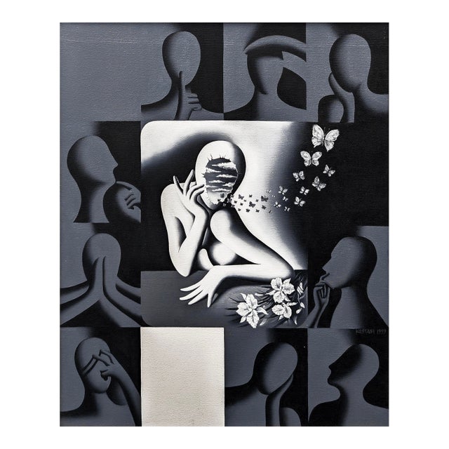 Mark Kostabi, One Day My Soul Just Opened Up, Original Painting on Canvas, Signed, 30 X 24 In., 1999 For Sale