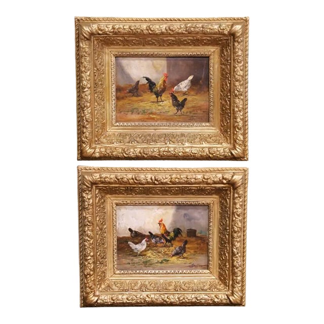 Pair of 19th Century Belgium Pendant Chicken Paintings Signed Dubois For Sale