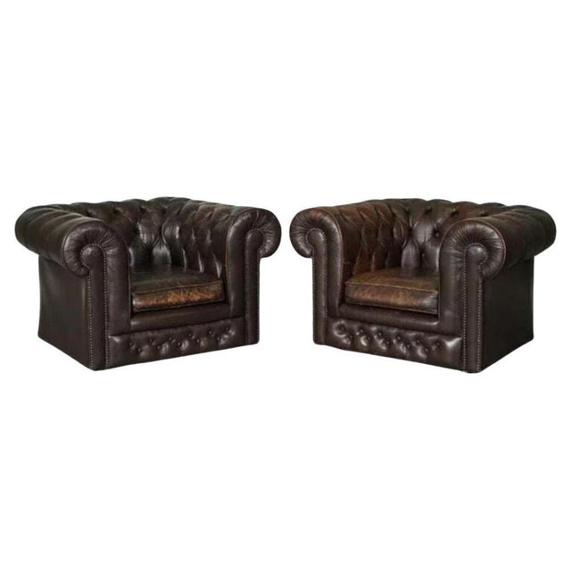 Vintage Brown Leather Chesterfield Club Tub Armchairs, Set of 2 For Sale - Image 13 of 13