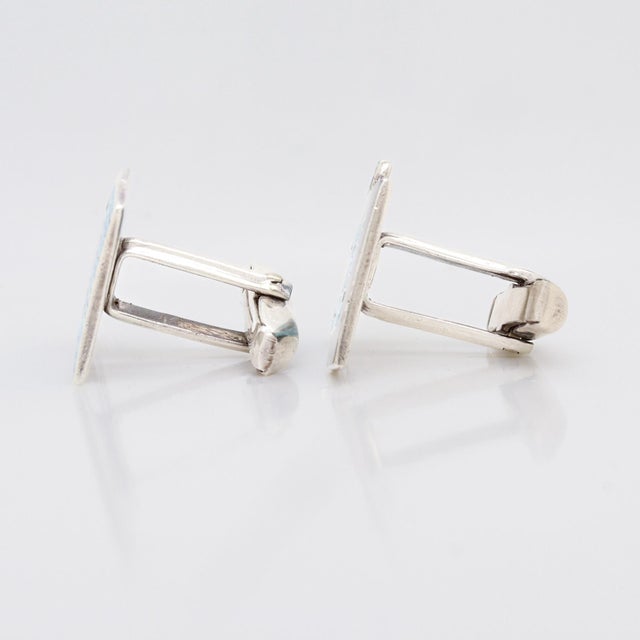 1950s Pair of Margot De Taxco Greek Key Sterling Silver and Enamel Cufflinks For Sale - Image 5 of 9