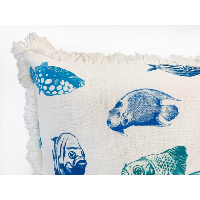 Artisan “Fish” Turquoise Blue Hand Printed on Linen Pillow Cover, 20". - For Sale - Image 4 of 13