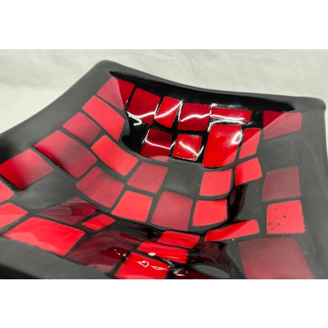 Mid 20th Century Black Red Geometric Pattern Fused Glass Square Bowl For Sale - Image 4 of 11