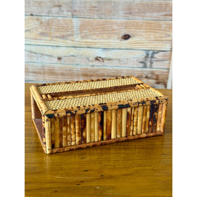 Wood Vintage Tortoiseshell Bamboo & Woven Rattan Tissue Box Cover For Sale - Image 7 of 11
