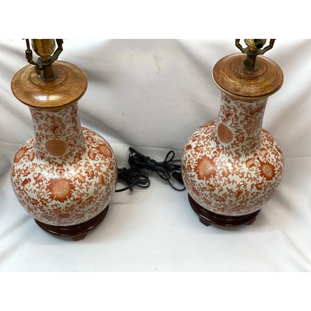 Pair of Chinese Porcelain Table Lamps With Painted Lotus For Sale - Image 4 of 5