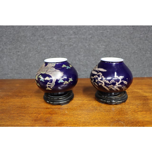 Japanese Pair of Japanese Cobalt Blue Porcelain Vases With Copper Overlay For Sale - Image 3 of 12