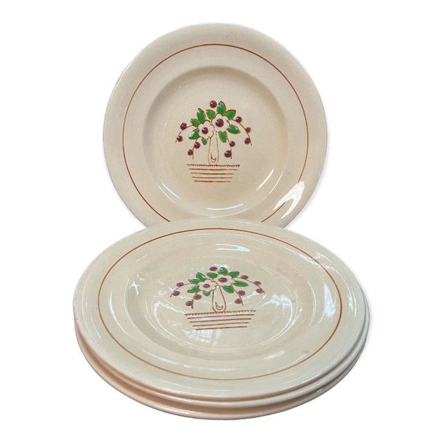 Set of 4 French Longwy Faïence 9" Plates With Raised Enamel Cherries, Art Nouveau For Sale - Image 11 of 11