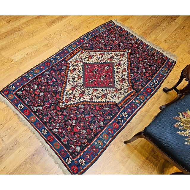 Vintage Senneh Kilim Rug, Handwoven Wool & Cotton, Medallion Pattern, Navy & Ivory, 4x6 For Sale - Image 4 of 16