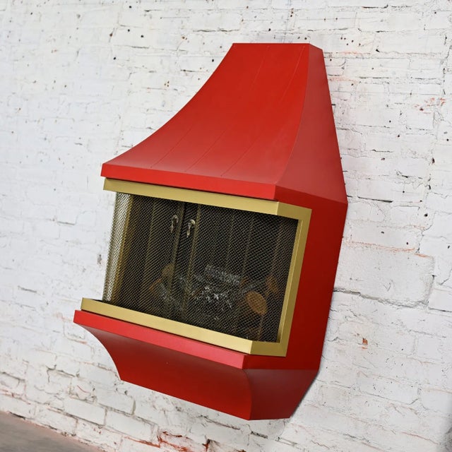 1960s 1960’s Mid-Century Modern Electric Wall Fireplace Orange With Gold Tone Trim Attributed to Montgomery Ward Style House For Sale - Image 5 of 12
