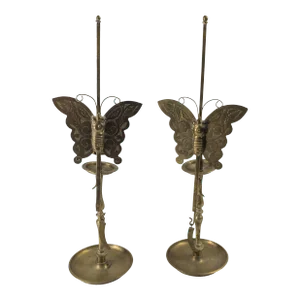 20th Century Pair of Korean Brass Candlestick Holders With Butterflies or Moths