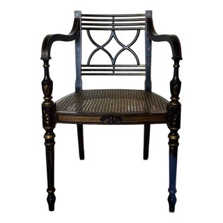 Baker Historic Charleston Decorated Ebonized Wood and Cane Arm Chair For Sale