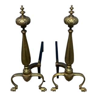Antique 1920s Brass Fireplace Andirons Pair Refurbished Colonial Hearth Decor For Sale