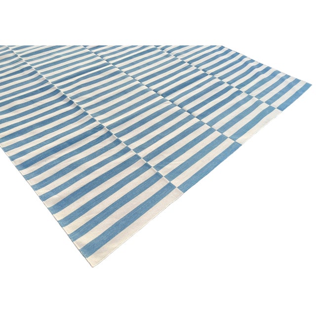 Handmade Cotton Rug, Sky Blue and White Natural Vegetable Dyed Up Down Striped Dhurrie- 12'x15' For Sale - Image 6 of 11