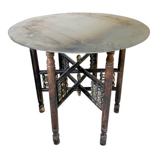 Industrial Moroccan Side Table With Round Raw Steel Top + Weathered Folding Base For Sale