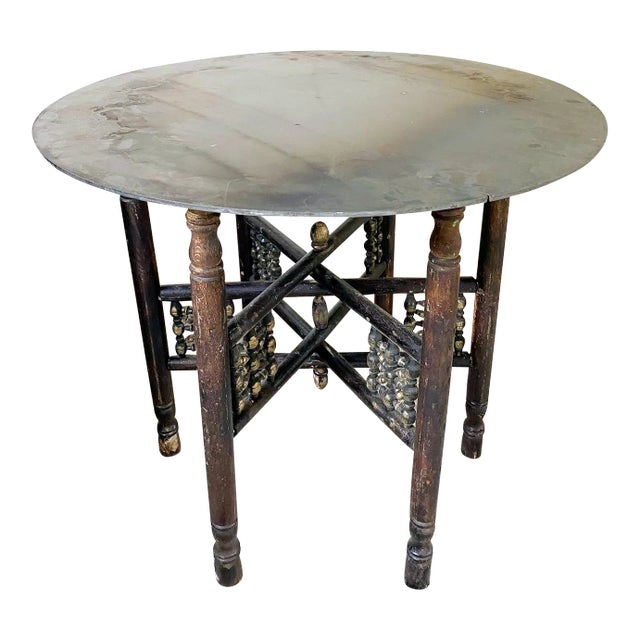 Industrial Moroccan Side Table With Round Raw Steel Top + Weathered Folding Base For Sale