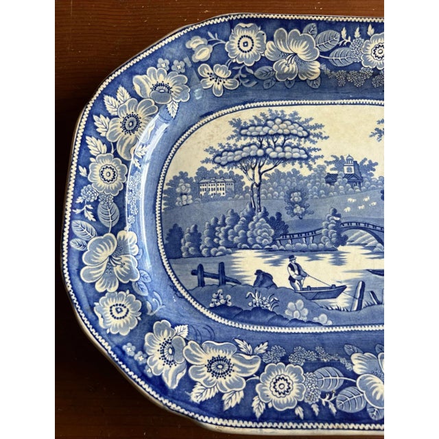 Antique Dark Blue Transfer Decorated Staffordshire Platter, "Wild Rose" For Sale - Image 9 of 12