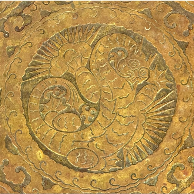 Wood Antique Oak Engraved Brass Side Table by Ferguson For Sale - Image 7 of 10