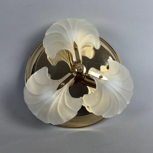 Late 20th Century Vintage Ceiling Lamp in Polished Brass Leaves and Satin Glass, 1970s For Sale - Image 5 of 12