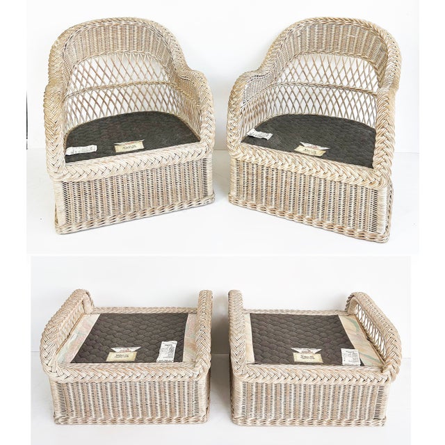 1970s Henry Link Rattan Lounge Chairs, Ottomans, New Sunbrella Upholstery, 2 Pairs For Sale - Image 13 of 18