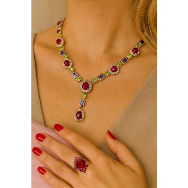 Bochic “Capri” Vintage Ruby, Amethyst, Peridot Necklace Set 18K Gold & Silver For Sale - Image 4 of 10