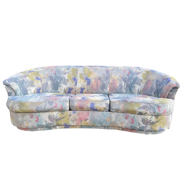 20th Century Kagan style curved sofa that floats beautifully in just about any space. The fabric is a grey overall tone...