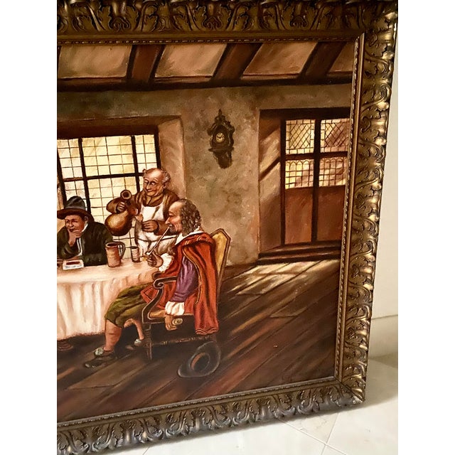 Brown Vintage 1943 Leota Humphrey Oil Painting on Board- Antique Dutch Tavern Scene - Ornate Gold Frame. For Sale - Image 8 of 18
