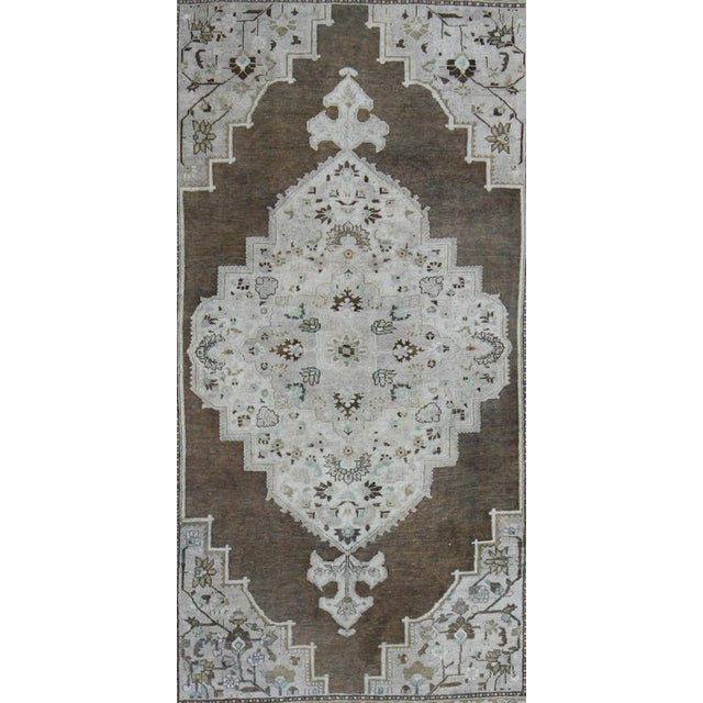 Vintage Turkish Oushak Long Rug With Medallion in Brown, Green & Neutral Colors For Sale - Image 4 of 7