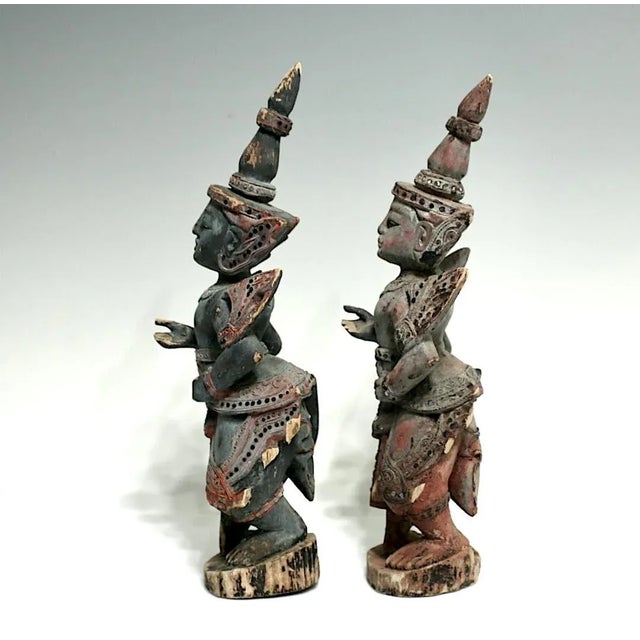 Late 19th Century Antique Wood Teppanom / Guardian Thai Angels, Statues or Figures - A Pair 18" For Sale - Image 5 of 10