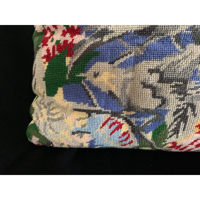 Vintage Handmade Wool Needlepoint Throw Pillow Jacobean Birds Flowers Sateen Back For Sale - Image 4 of 7