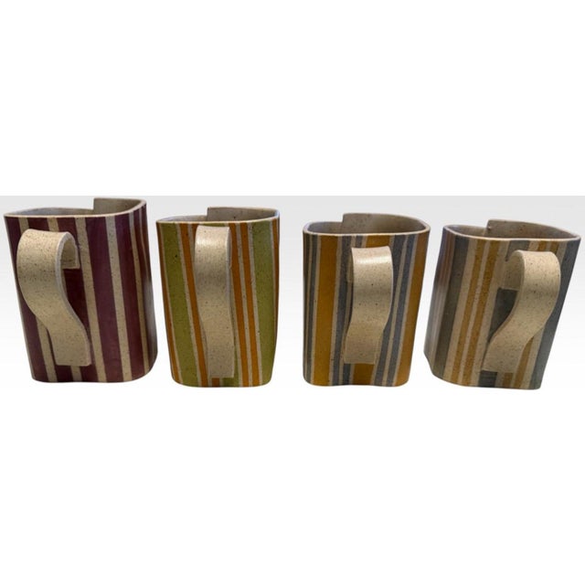 Ceramic Late 20th Century Signed Postmodern Hand-Built Studio Art Pottery Striped Stoneware Mugs by Leah Sheves Set of Four For Sale - Image 7 of 8
