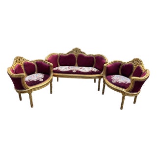 1960 French Louis XVI Burgundy Beech Velvet Sofa Set 3 PCS For Sale