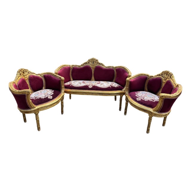 1960 French Louis XVI Burgundy Beech Velvet Sofa Set 3 PCS For Sale