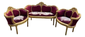1960 French Louis XVI Burgundy Beech Velvet Sofa Set 3 PCS