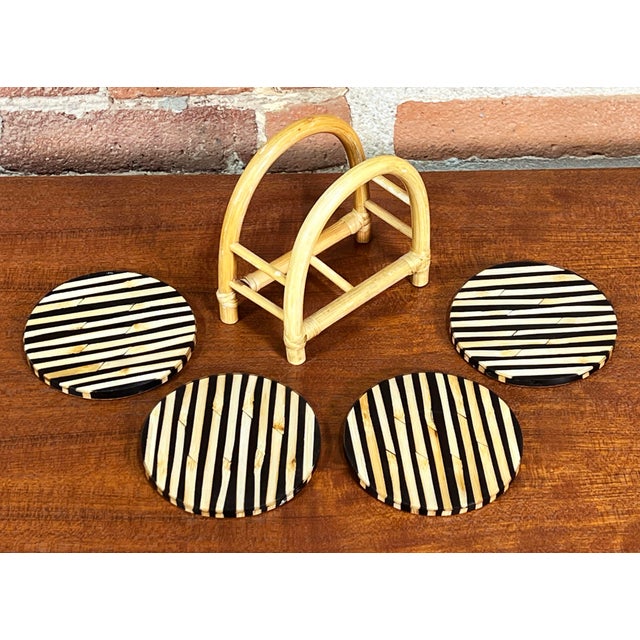 Awesome set of 4 vintage c.1970's/80's bamboo & acrylic coasters, inside of a wonderful little arched bamboo holder! Great...